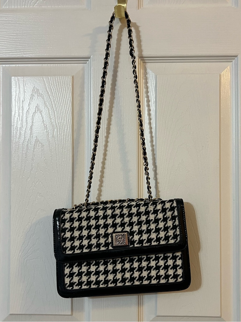 Anne Klein Houndstooth Chain Shoulder Crossbody Purse Black White Flap Bag